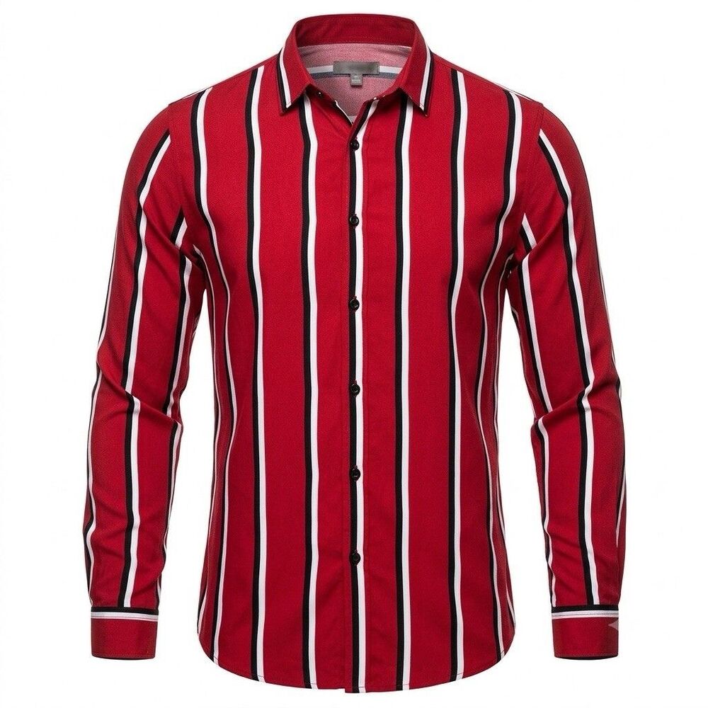 Nova Men Red White Black Striped Long Sleeve Button-Down Shirt Men's 3XL XXXL